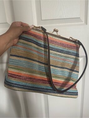 Multicolor Striped Woven Shoulder Bag with Brown Shoulder strap